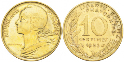 ФРАНЦИЯ 10 САНТИМОВ 1983 ТИП MARIANNE KM 929 медь алюминий никель 110-131