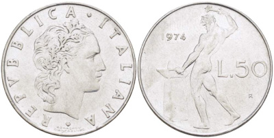 ИТАЛИЯ 50 ЛИР 1974 R, КУЗНЕЦ, ВУЛКАН БОГ ОГНЯ, ДИАМЕТР 25 ММ. KM 95.1 нержавеющая сталь 113-322