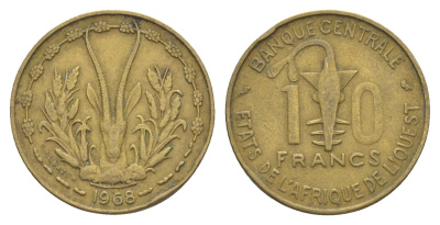 Западная Африка (BCEAO) 10 франков 1968 KM 1a медь алюминий никель 4175-1156