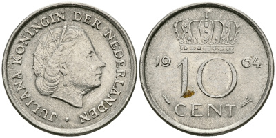 НИДЕРЛАНДЫ 10 ЦЕНТОВ 1964 ЮЛИАНА KM 182 никель 96-445