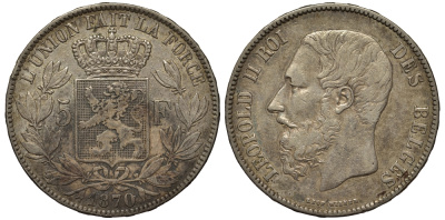 Бельгия 5 франков 1870 Леопольд II (1865-1909) KM 24 серебро 443-1134