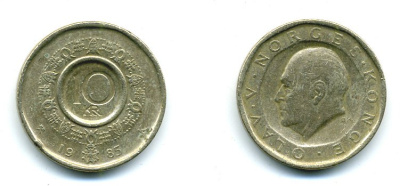 Норвегия 10 крон 1985 Улаф V (1957-1991) KM 427 медь цинк никель 25-2322