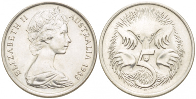 АВСТРАЛИЯ 5 ЦЕНТОВ 1983 ЕЛИЗАВЕТА II, МОЛОДОЙ ПОРТРЕТ, ЕХИДНА KM 64 медно-никель UNC 4532-564