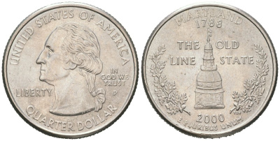 США 25 центов = квотер = 1/4 доллара 2000 P, квотер штата Мэриленд KM 306 медь плакированная медно-никелем UNC 183-215