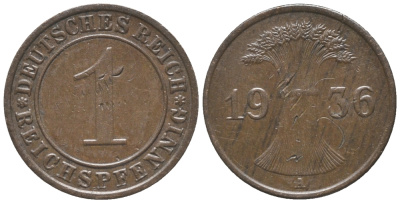 ГЕРМАНИЯ 1 РЕЙХСПФЕННИГ 1936 А KM 37, J. 313 бронза 100-912