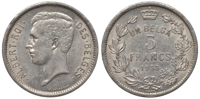 Бельгия 5 франков 1933 Belges KM 97.1 никель 1531-341