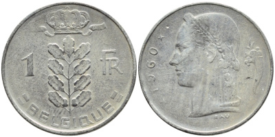 БЕЛЬГИЯ 1 ФРАНК 1960 BELGIQUE KM 142.1 медно-никель 4388-554