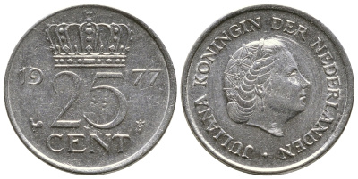 Нидерланды 25 центов 1977 Юлиана (1948-1980) KM 183 никель 4383-1118
