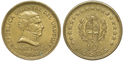 Уругвай 10 песо 1965 KM 48 алюминиевая бронза 69-911