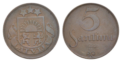 Латвия 5 сантимов 1922 KM 3 бронза 4658-1167