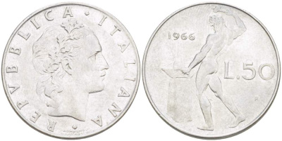 ИТАЛИЯ 50 ЛИР 1966 R, КУЗНЕЦ, ВУЛКАН БОГ ОГНЯ, ДИАМЕТР 25 ММ. KM 95.1 нержавеющая сталь 4390-911