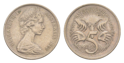 Австралия 5 центов 1980 Елизавета II (1952-2022) молодой портрет, ехидна KM 64 медно-никель 4152-519