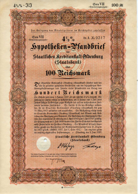 Германия 100 рейхсмарок 1937 Государственное кредитное учреждение Ольденбурга (Государственный банк), ипотечный залог под залог 4-1/2%, облигация   бумага   8802-25-1