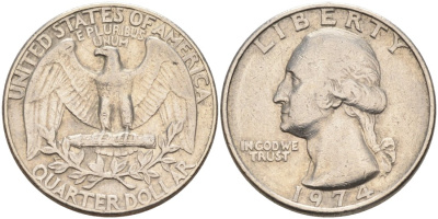 США 25 центов (квотер) 1974 Вашингтон KM 164a медь плакированная медно-никелем 92-1222