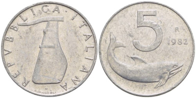 Италия 5 лир 1982 R, дельфин, руль KM 92 алюминий 4551-137