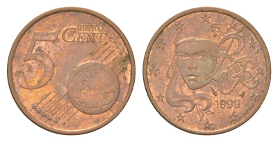 Франция 5 евроцентов 1999 KM 1284 сталь плакированная медью 4627-1134