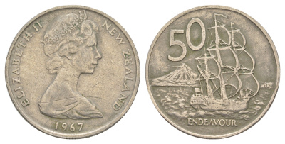 Новая Зеландия 50 центов 1967 Елизавета II (1952-2022), парусник Индевор KM 37.1 медно-никель 4645-1141