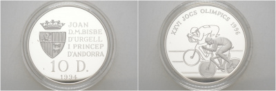Андорра 10 динеров 1994 XXVI Олимпийские игры 1996 года велоспорт KM 95 серебро PROOF 02-073-25