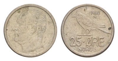 Норвегия 25 эре 1960 Улаф V (1957-1991) KM 407 медно-никель aUNC 4632-1235