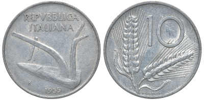 Италия 10 лир 1955 R, плуг KM 93 алюминий 4163-351