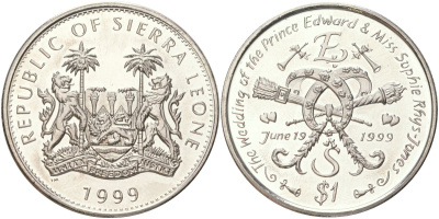 Сьерра-Леоне 1 доллар 1999 Свадьба Принца Эдварда и Софи Рис-Джонс KM 139 медно-никель BU 4368-1025