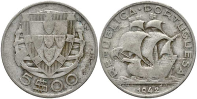 ПОРТУГАЛИЯ 5 ЭСКУДО 1942 ПАРУСНИК КМ 581 серебро 202-422