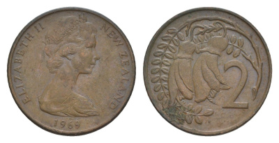 Новая Зеландия 2 цента 1969 Елизавета II (1952-2022), два цветка кохаи KM 32.1 бронза 4655-1142