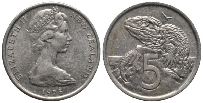 Новая Зеландия 5 центов 1975 Елизавета II (1952-2022), ящерица гаттерия KM 34.1 медно-никель 75-1017
