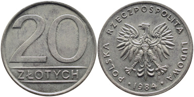 ПОЛЬША 20 ЗЛОТЫХ 1984 MW KM 153.1 медно-никель 51-1512