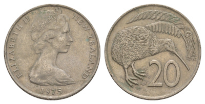 Новая Зеландия 20 центов 1975 Елизавета II (1952-2022), птичка киви KM 36.1 медно-никель 4182-1017