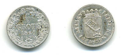 Бремен 6 гротенов 1857 KM 240, Jaeger 22, AKS 6 серебро 54-658