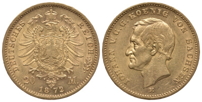 Саксония 20 марок 1872 KM 1233, J. 258 золото aUNC 00-000-00