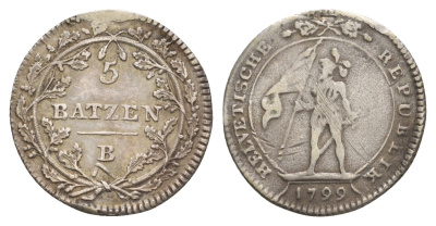 Швейцария, Гельветическая республика 5 батценов 1799 B KM A9 серебро 633-1131