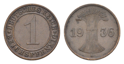 Германия 1 рейхспфенниг 1936 A KM 37, J. 313 бронза 4644-1055