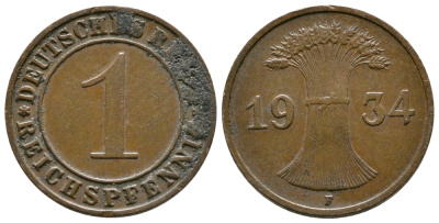 ГЕРМАНИЯ 1 РЕЙХСПФЕННИГ 1934 F KM 37, J. 313 бронза 4380-1244