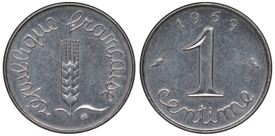 Франция 1 сантим 1969 пятая республика KM 928, Le Franc 106.18 нержавеющая сталь 4124-422