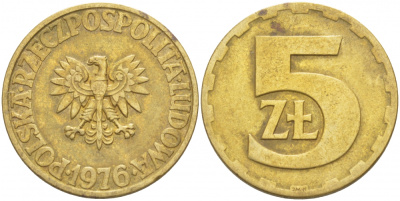 Польша 5 злотых 1976 монетный двор Ленинград (ЛМД) KM 81.1, Parchimowicz 221b латунь 4519-951