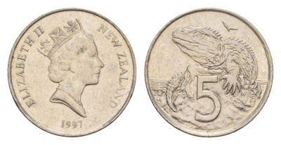 Новая Зеландия 5 центов 1997 Елизавета II (1952-2022), ящерица гаттерия KM 60 медно-никель 4594-544