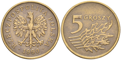 ПОЛЬША 5 ГРОШЕЙ 1990 MW KM 278 латунь 4516-1219