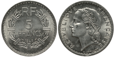 ФРАНЦИЯ 5 ФРАНКОВ 1948 OPEN 9 KM 888b.1 алюминий UNC 413-2915