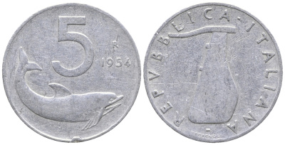 ИТАЛИЯ 5 ЛИР 1954 R, РУЛЬ, ДЕЛЬФИН KM 92 алюминий 34-316