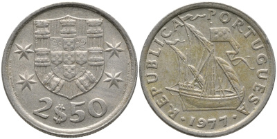 ПОРТУГАЛИЯ 2,5 ЭСКУДО 1977 ПАРУСНИК KM 590 медно-никель 99-1159