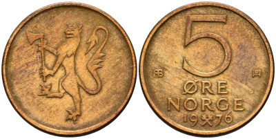 Норвегия 5 эре 1976  KM 415 бронза    4598-1216