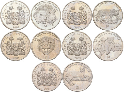 Сьерра-Леоне полный набор из 5 монет (1 доллар) 2001 Большие кошки мира - Львы, Тигр, Гепард, Пума и Черная пантера KM 241.1, 242.1, 243.1, 244.1 и 245.1 медно-никель BU 00-00