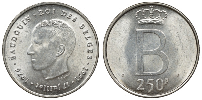 Бельгия 250 франков 1976 25 лет правления Бодуэна I, der Belges KM 157.1 серебро  UNC  4368-633