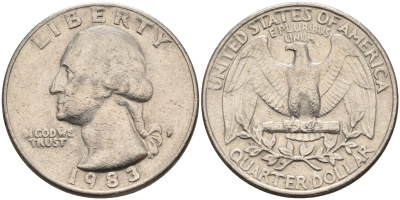 США 25 центов = квотер 1983 P, Вашингтон KM A164a медь плакированная медно-никелем 4584-1146