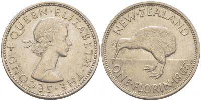 Новая Зеландия 1 флорин 1965 Елизавета II (1952-2022), птичка киви KM 28.2 медно-никель XF-UNC 51-213
