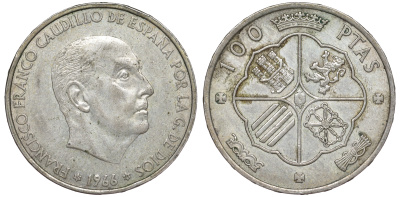 Испания 100 песет 1966 (66) Франсиско Франко (1939-1975) KM 797 серебро 4178-1242