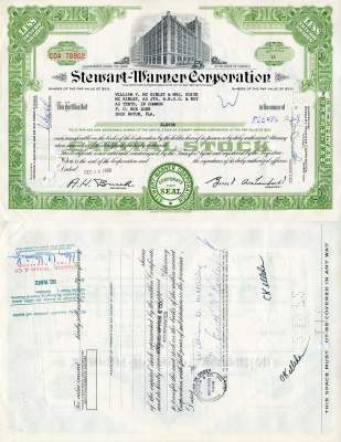 США 11 акций 1966 Стюарт-Уорнер, Stewart-Warner Corporation, производство автомобильных приборов   бумага   5547-12-1-2