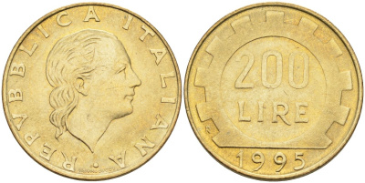 Италия 200 лир 1995 R, шестерня KM 105 алюминиевая бронза 4126-113